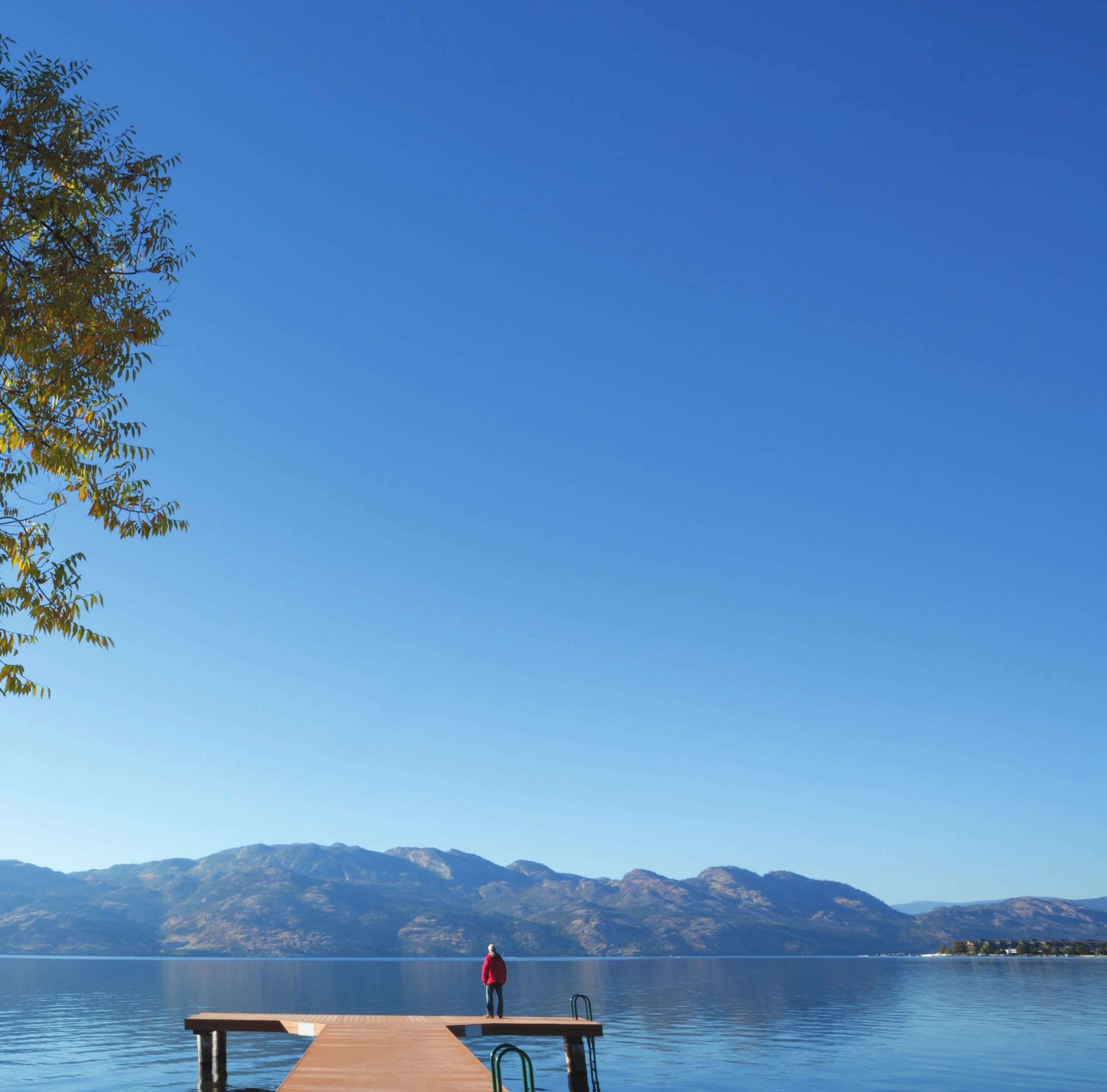 A lone person stands on a dock, looking across Okanagan Lake
